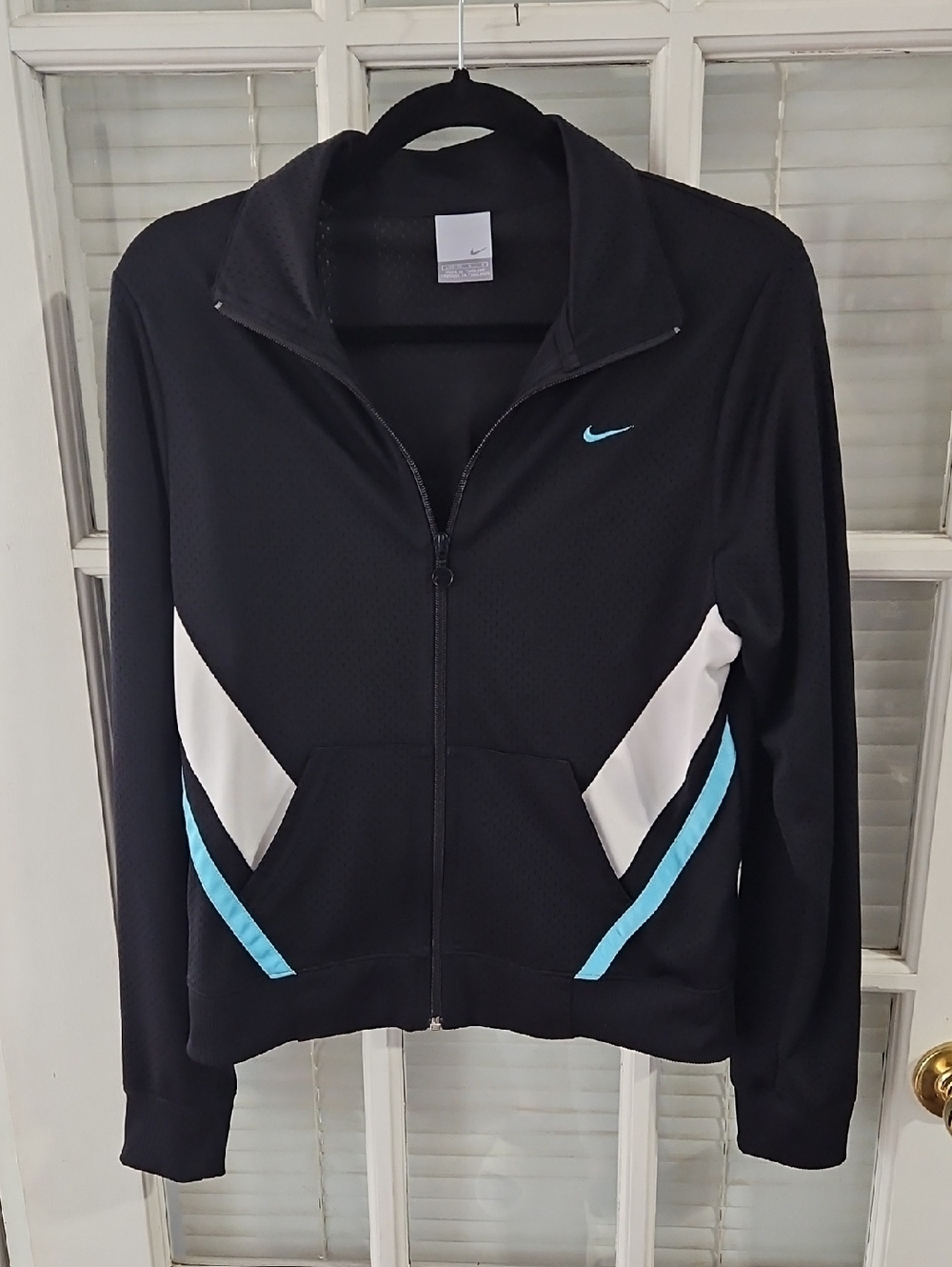 Nike Women’s Black Zip-Up Track Jacket with White & Light Blue Accents. Size L